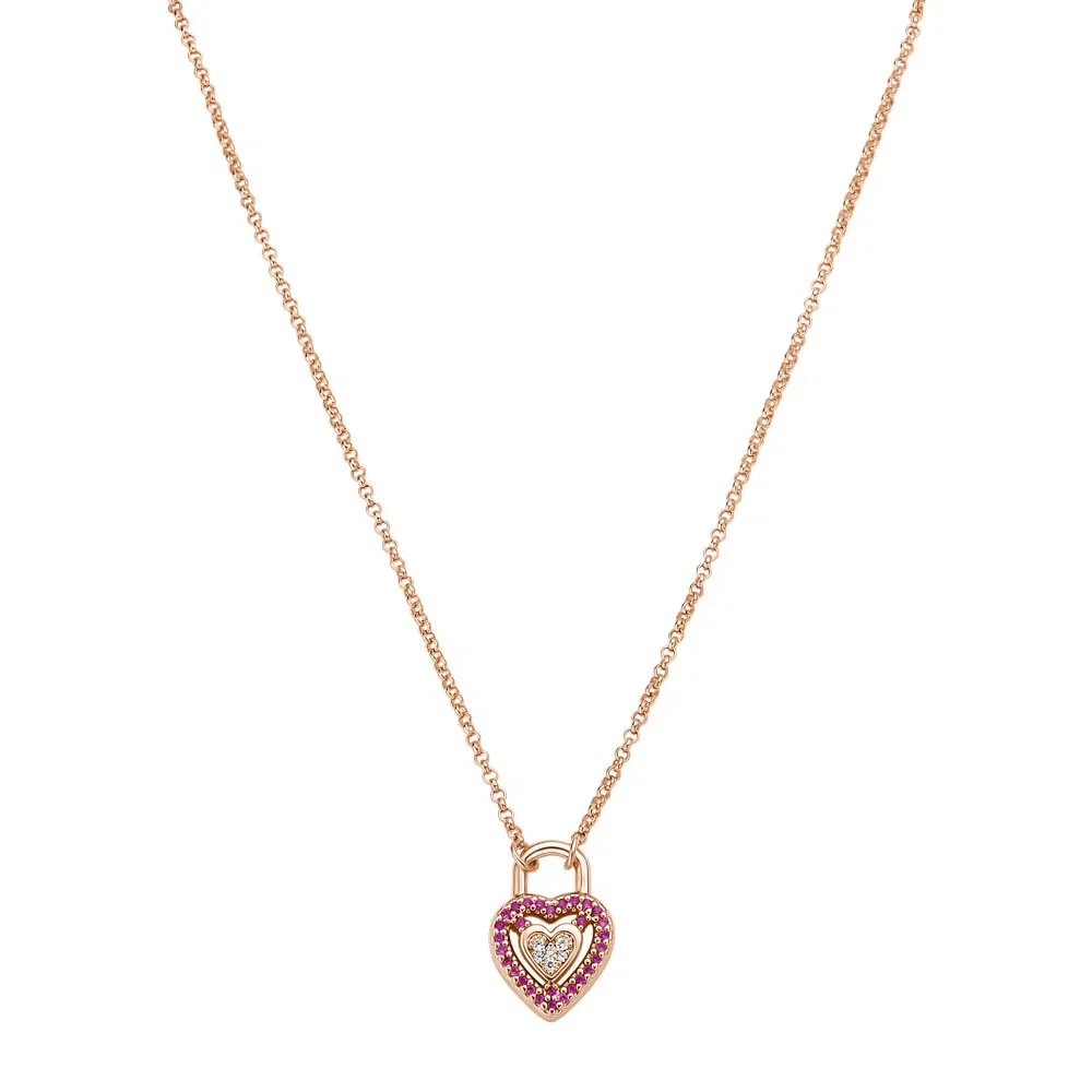 Colar Life Love Locker Coração em Liga Rosé com Banho de Ouro Rosé 18k, Pedras Rosas e Incolores, 45cm — imagem 1
