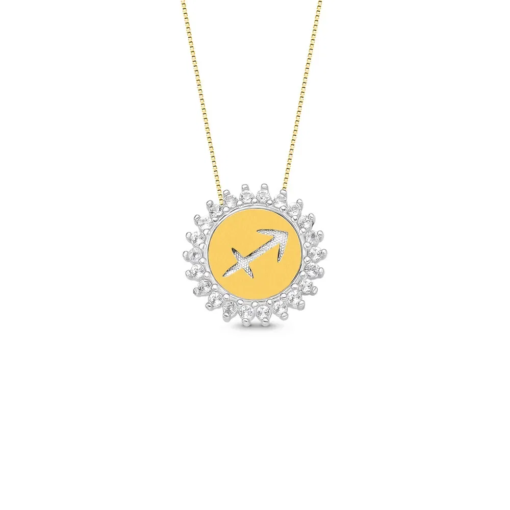 Pingente Medalha Signo Sagitário em Prata 925 e Ouro Amarelo 18k com Topázios Incolores, 15.4mm — imagem 1