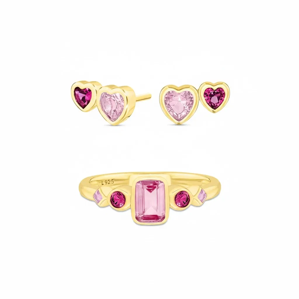 Kit Life Cora - Conjunto Anel + Brinco em Prata 925 com Banho de Ouro Amarelo e Cristal Rosa