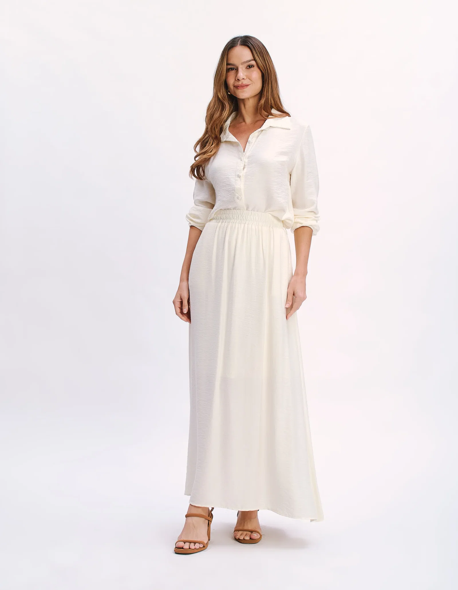 Saia Longa Cos Elástico Evase - Off White — imagem 1