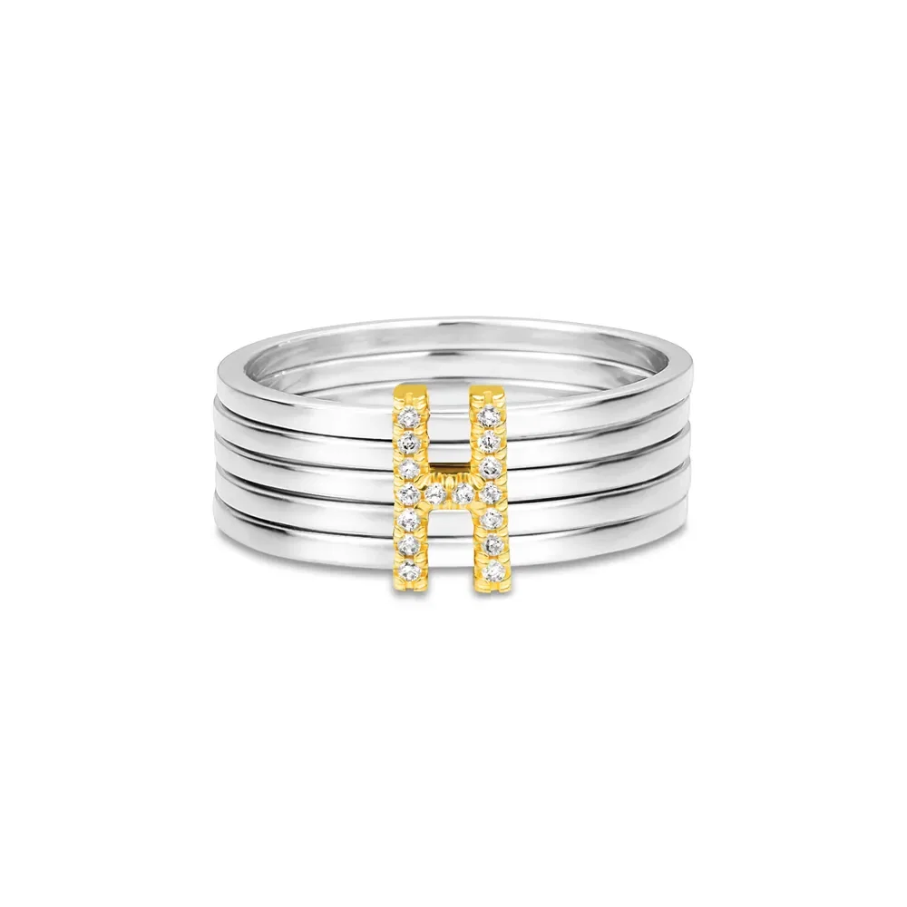 Anel Letra H em Prata 925 com Ouro Amarelo 18k e Diamantes — imagem 1