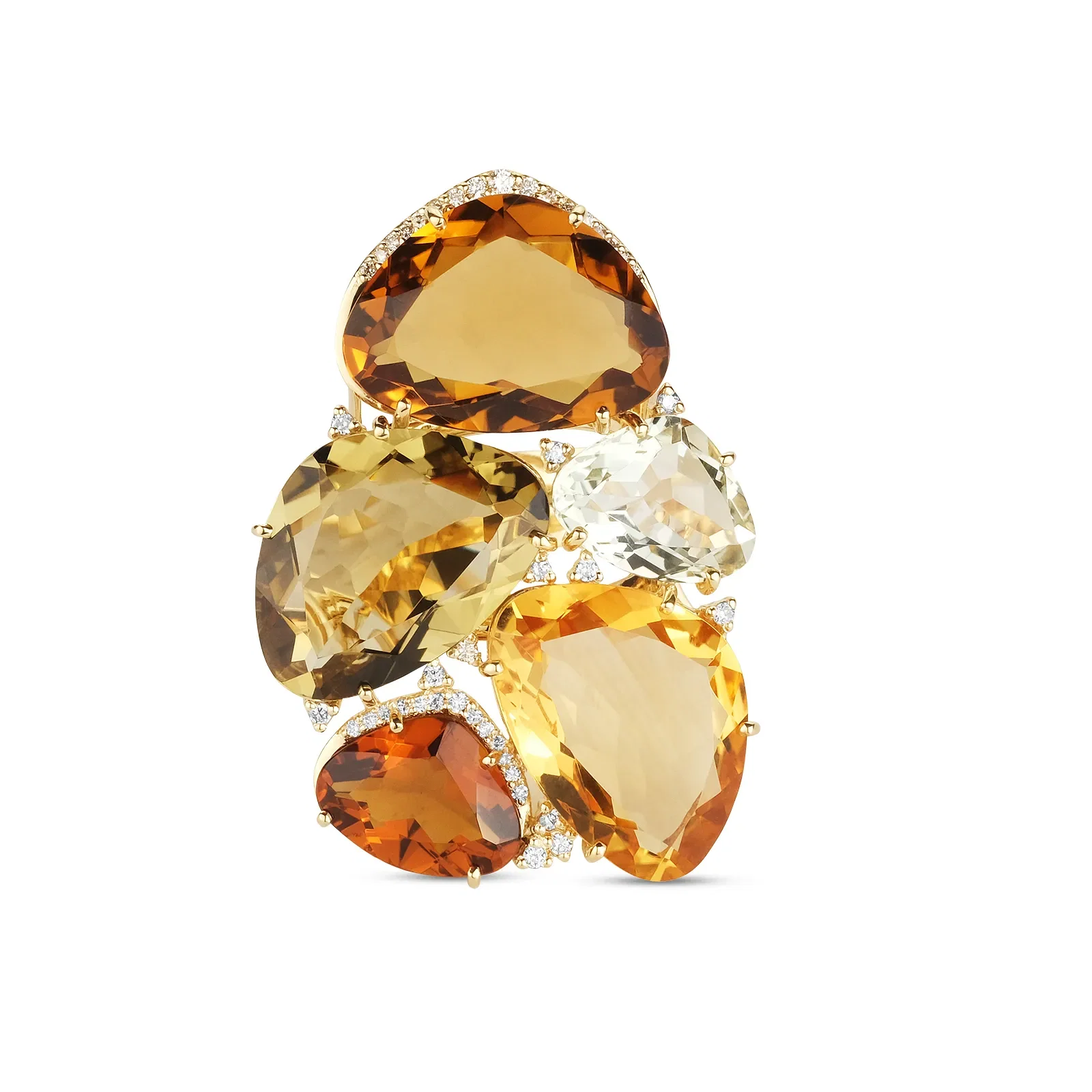 Anel Oliva em Ouro Amarelo 18k com Citrinos, Prasiolitas, Quartzos e Diamantes — imagem 1