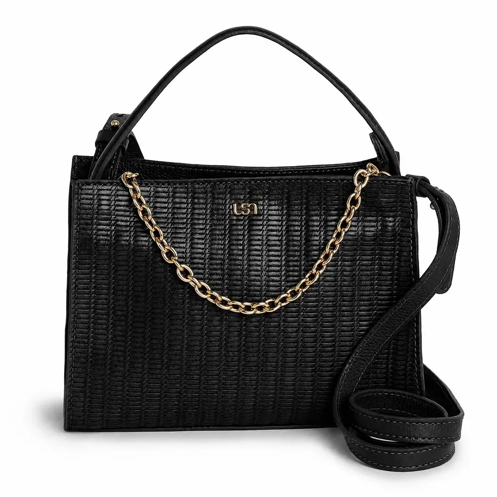 Bolsa Tote Preta Em Couro Com Corrente E Alça Tiracolo