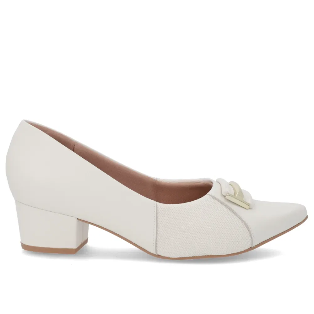 Scarpin Bico Fino Couro Branco Marfim Detalhe Tecido