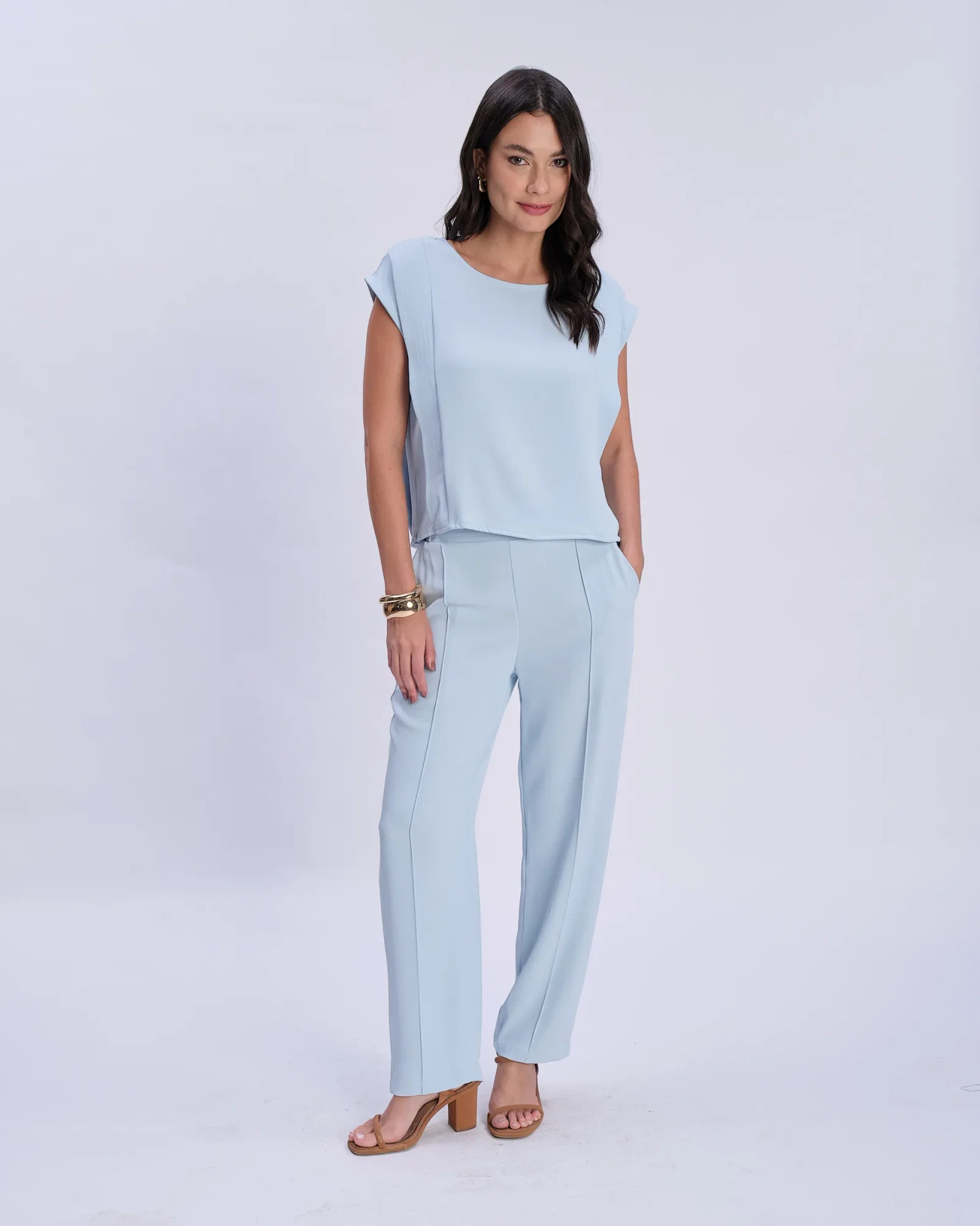 Calça Pantalona Cós Pespontos - Azul — imagem 1