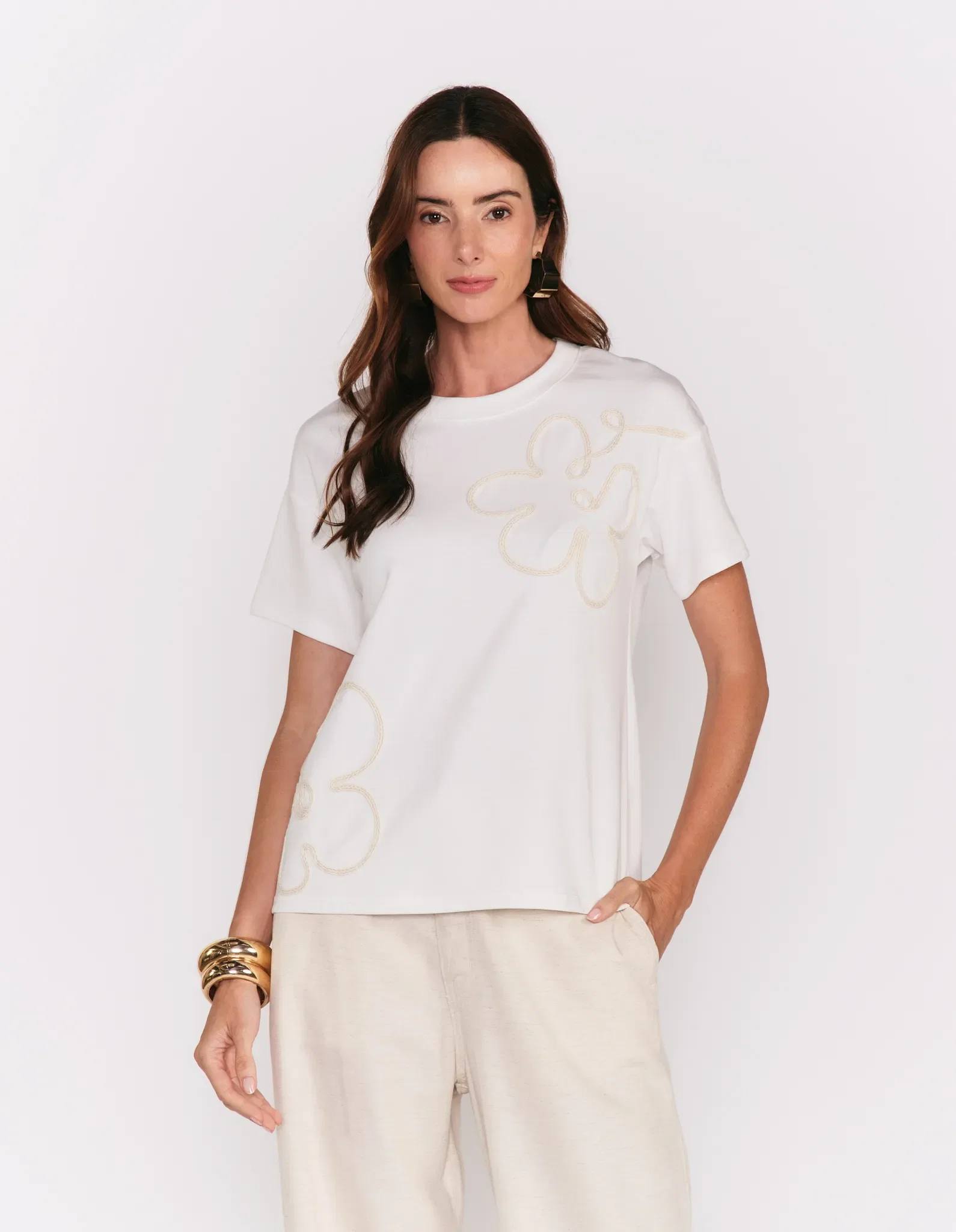 Blusa Manga Curta Bordado Flor Dupla - Branco