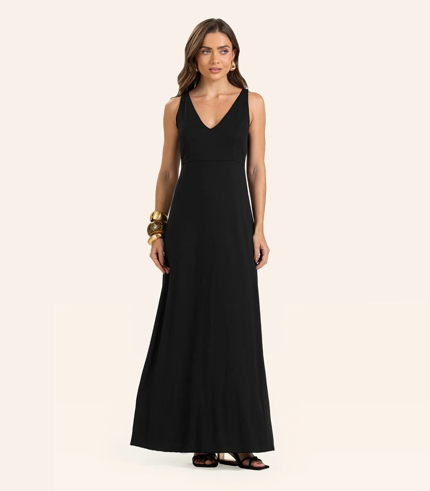Vestido Feminino Longo Visco Maquinetada Endless Preto