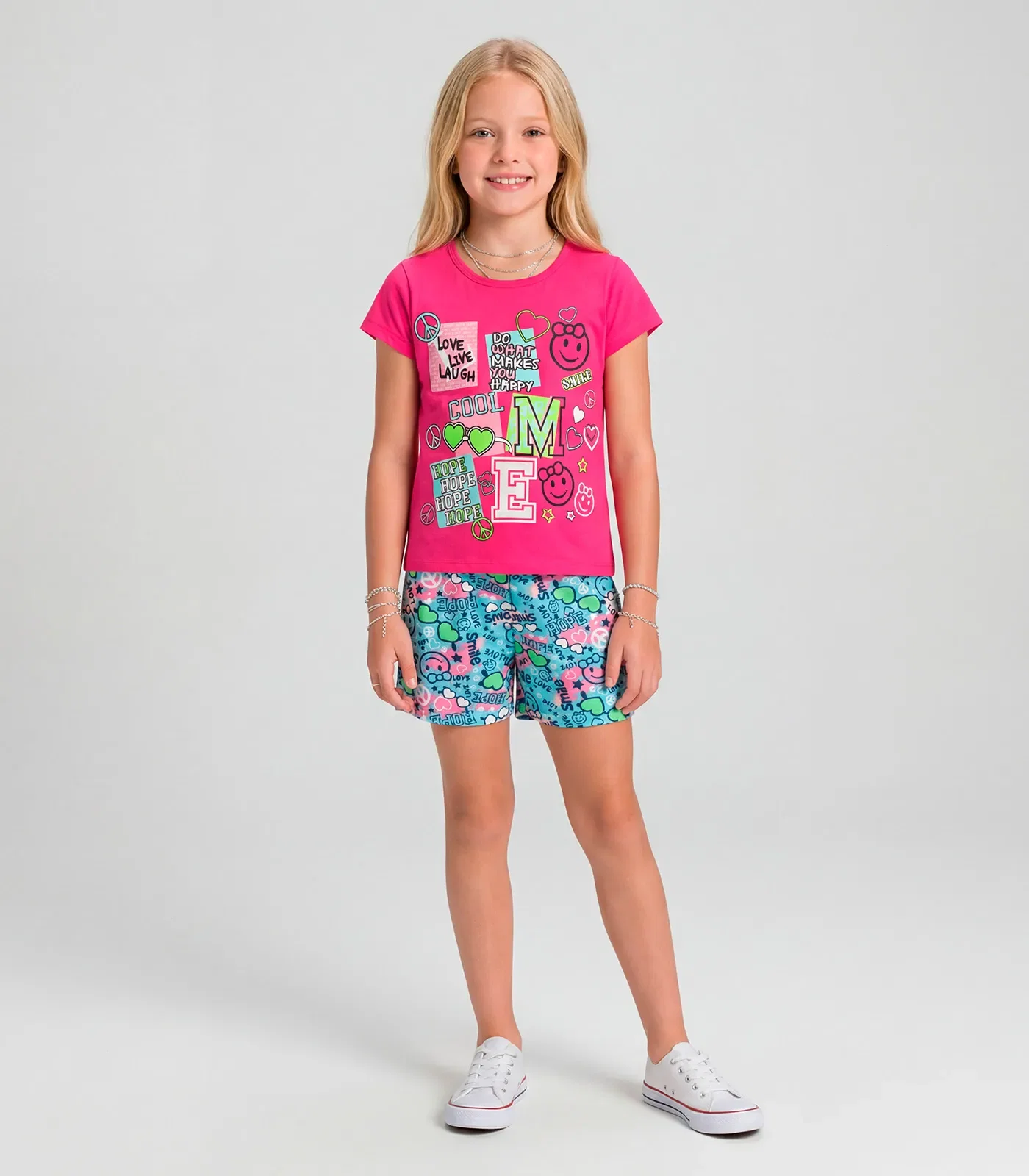 Pijama Verão Menina Curto Algodão Kappes Rosa