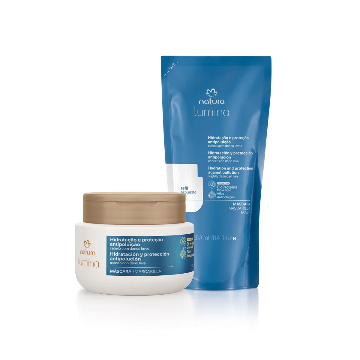 Kit Máscara Hidratante Lumina para Hidratação e Proteção Antipoluição + Refil Máscara Hidratante Lumina para Hidratação e Proteção Antipoluição 2 produtos de 250 ml