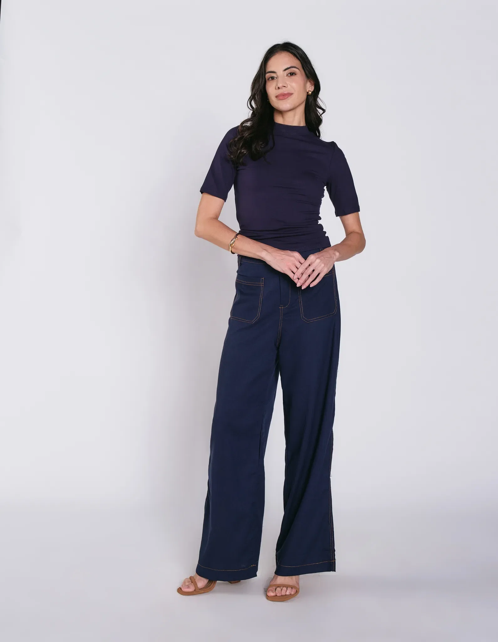 Calça Pantalona Detalhe Pesponto - Marinho — imagem 1