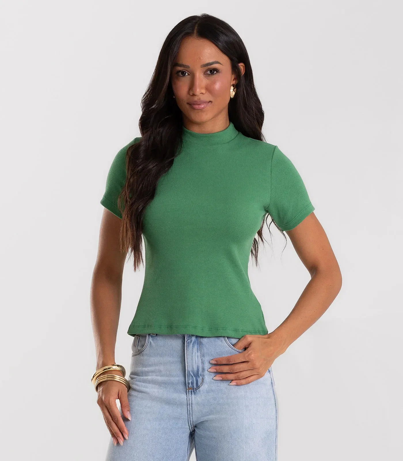 Blusa Feminina Básica Em Ribana Com Gola Rovitex Verde
