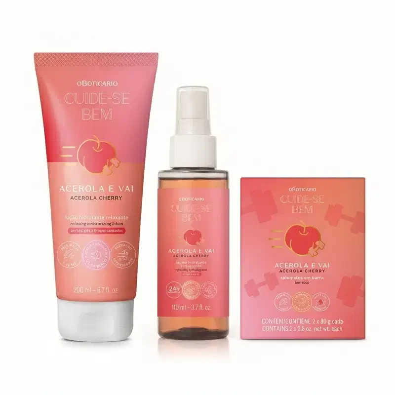 Combo Cuide-se bem Acerola e Vai: Loção Corporal 400ml + Creme de Mãos 50g + Sabonetes em Barra 2x80g