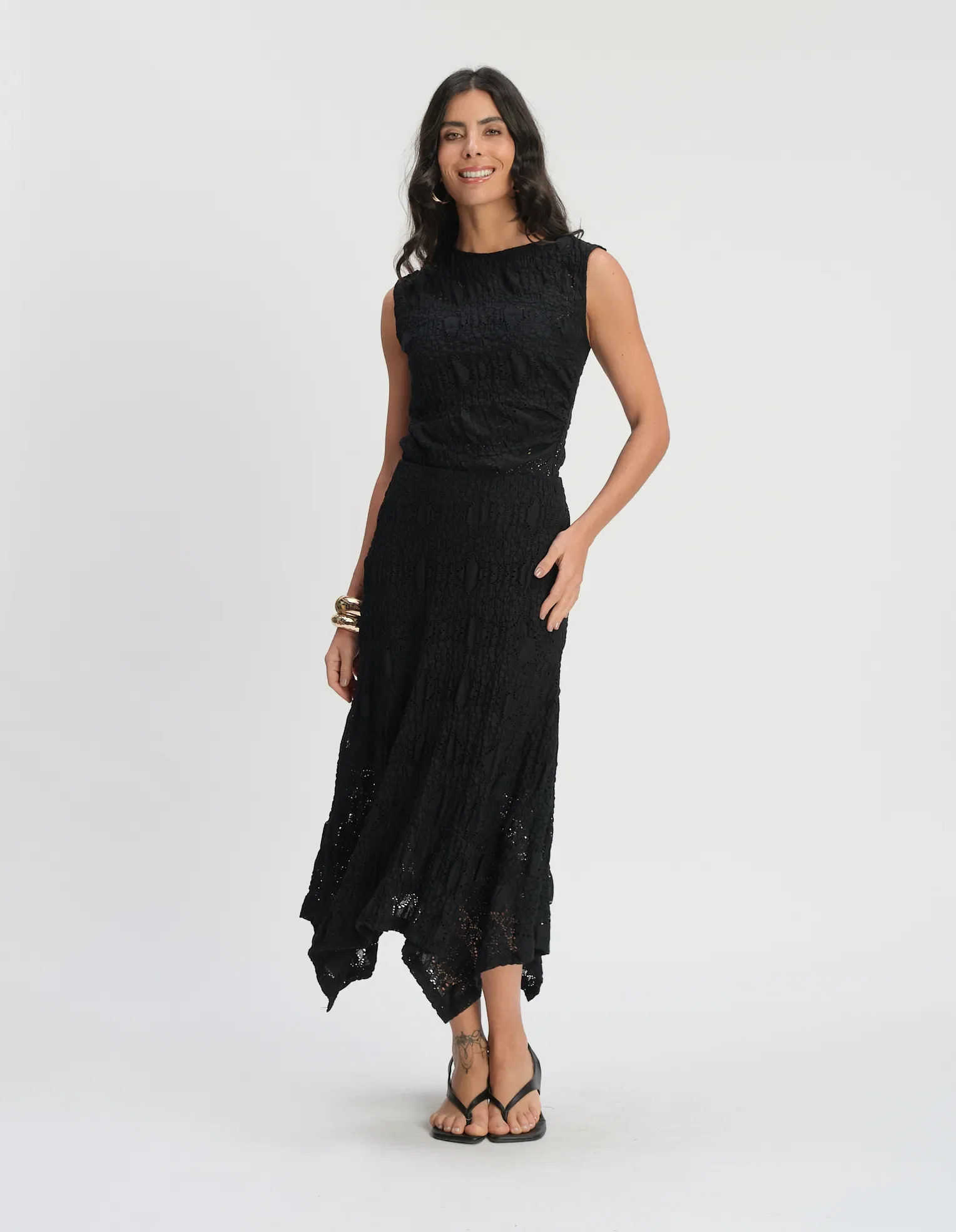 Saia Midi Pontas Rendada - Preto