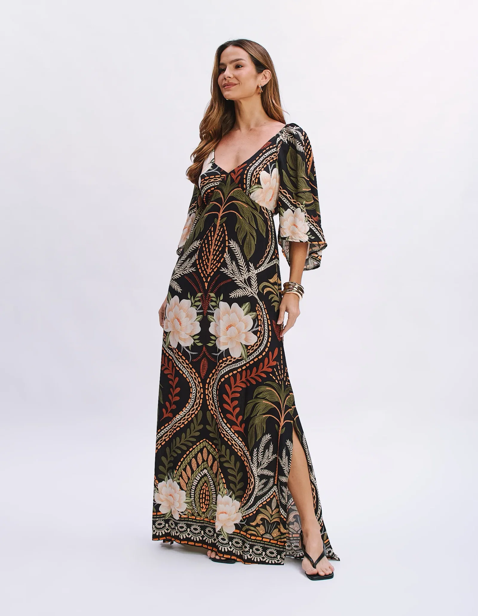 Vestido Longo Estamp Coqueiro Artesanal - Preto