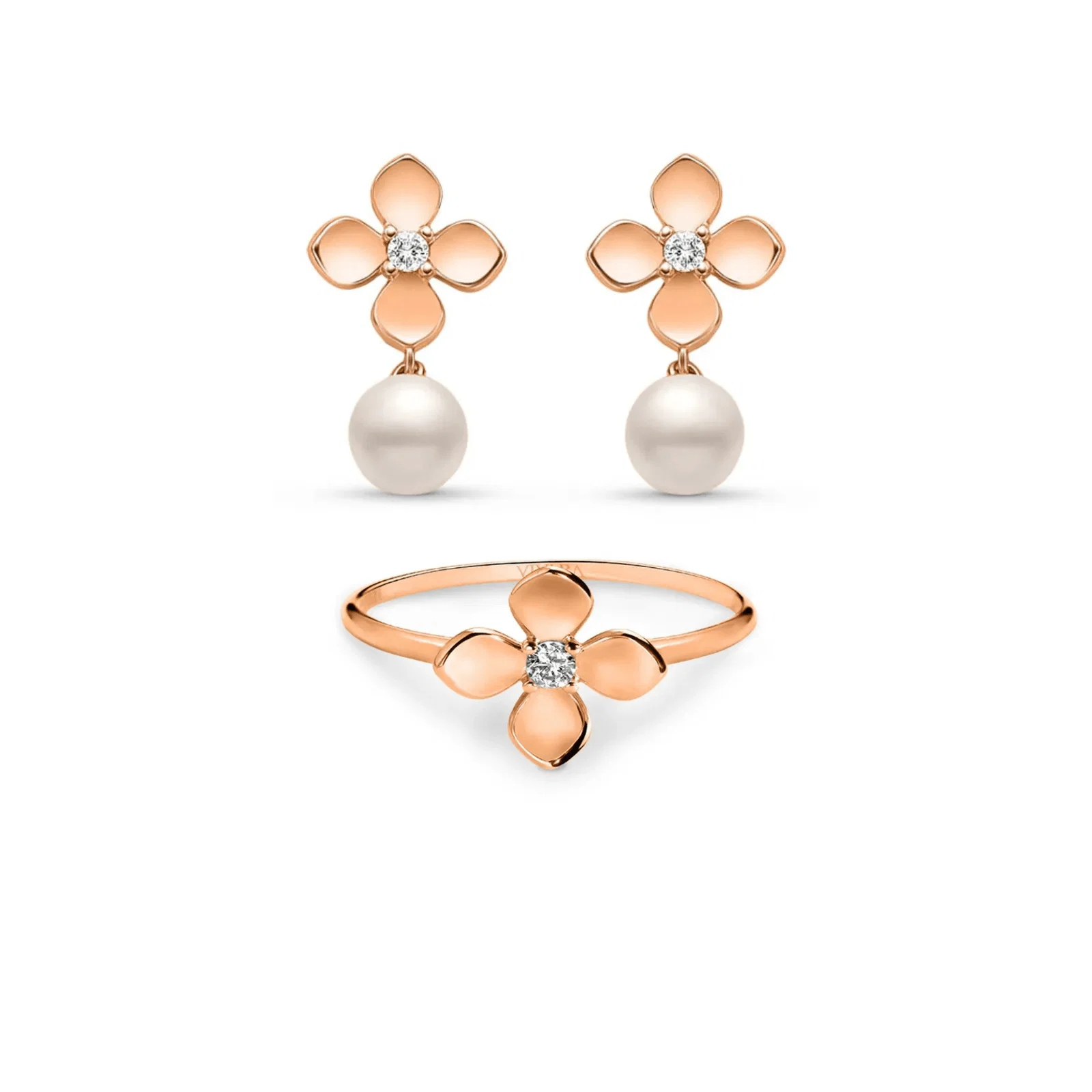 Conjunto Giardino Anel + Brinco em Ouro Rosé 18K com Pérola e Diamante