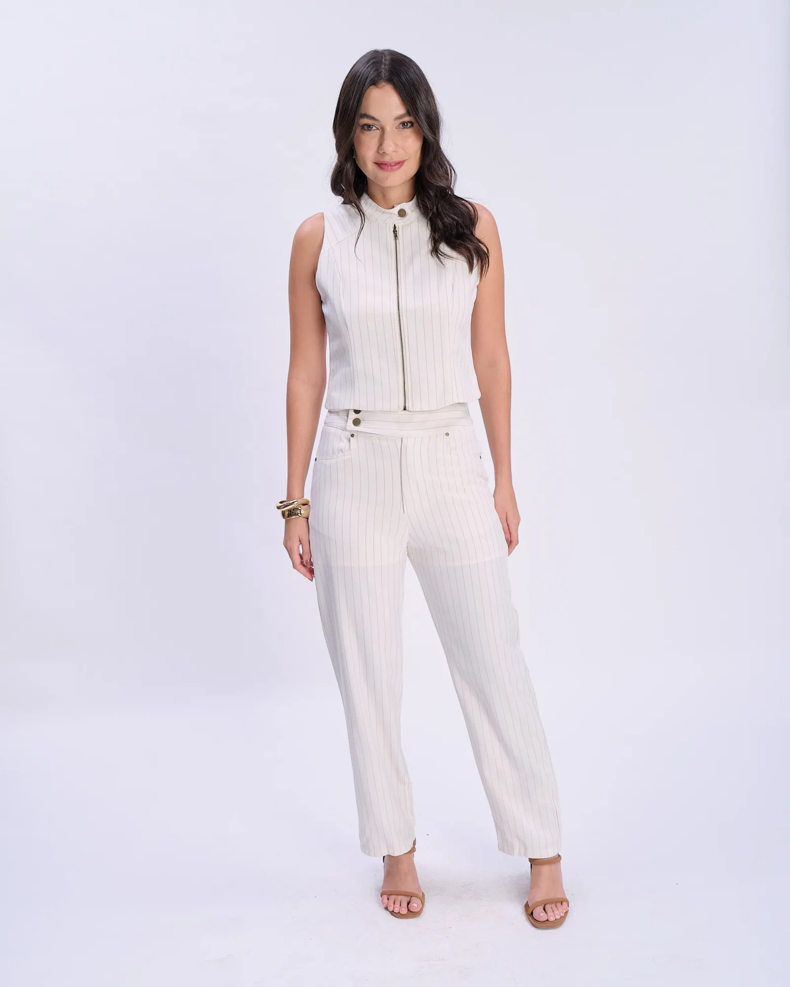 Calça Alfaiataria Listrada Cós Largo - Off White — imagem 1