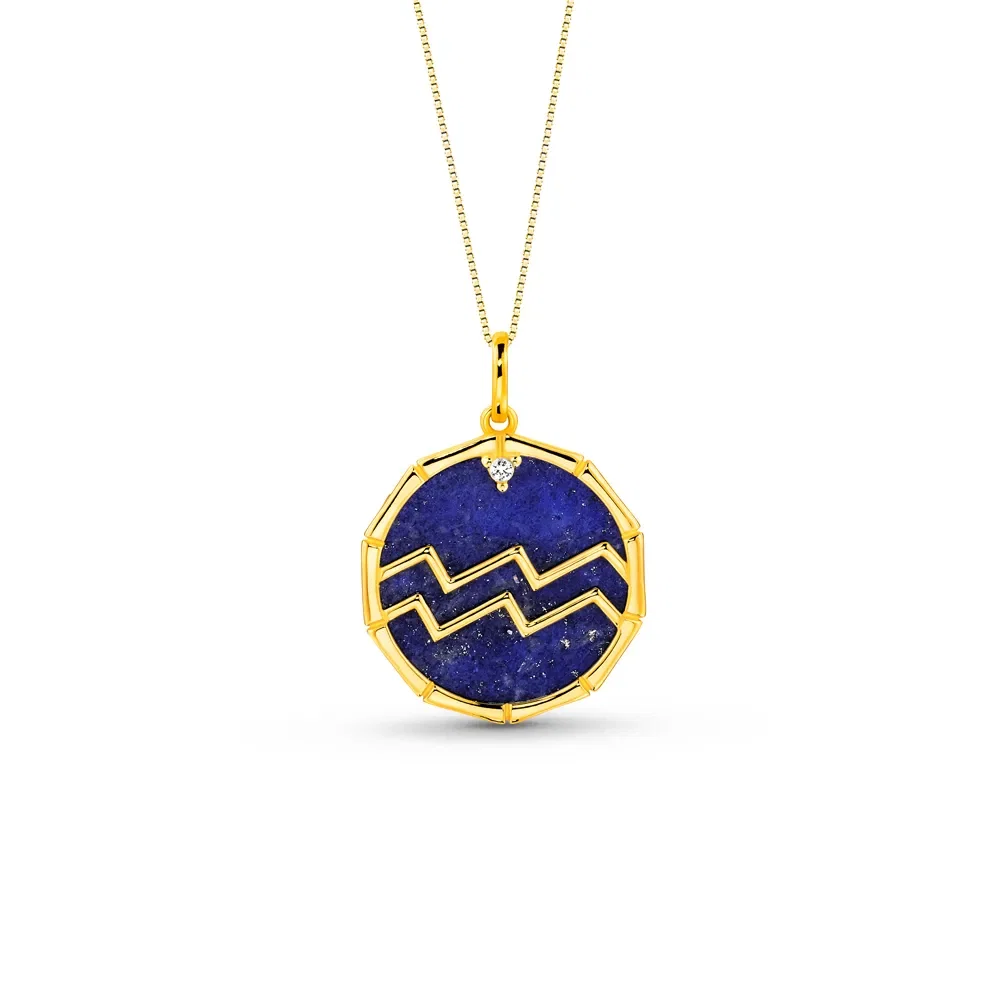 Pingente ZodíAço Aquário em Ouro Amarelo 18k com Lápis Lazuli e Safira Incolor, 17mm — imagem 1