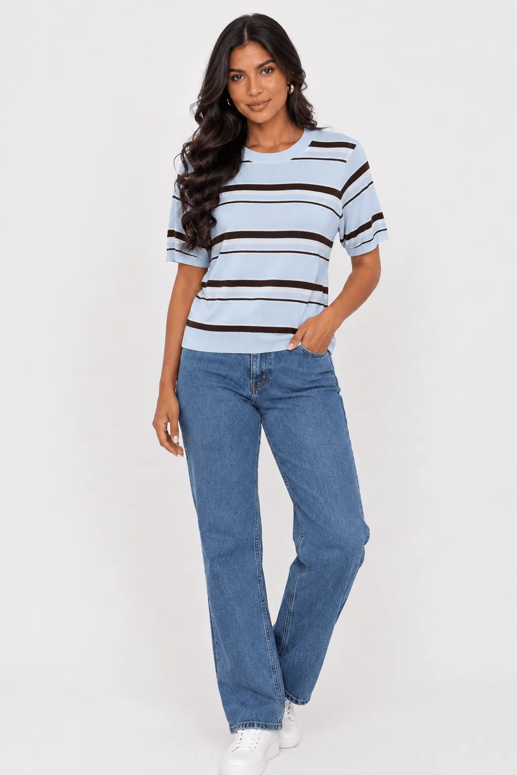 Blusa Tricot Decote Canoa Listrada - Azul