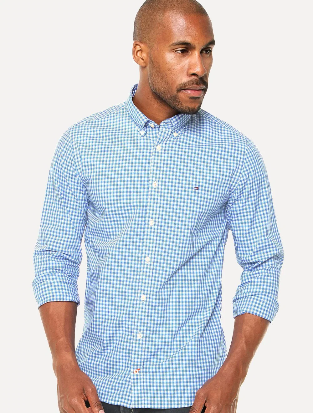 Camisa Tommy Hilfiger Masculina Xadrez Gingham Branca / Azul Capri — imagem 1