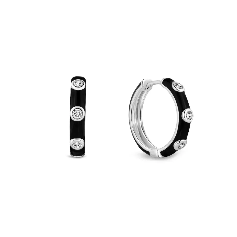 Argola Life Joyful em Prata 925 Esmaltado Preto Cravejado, 20mm