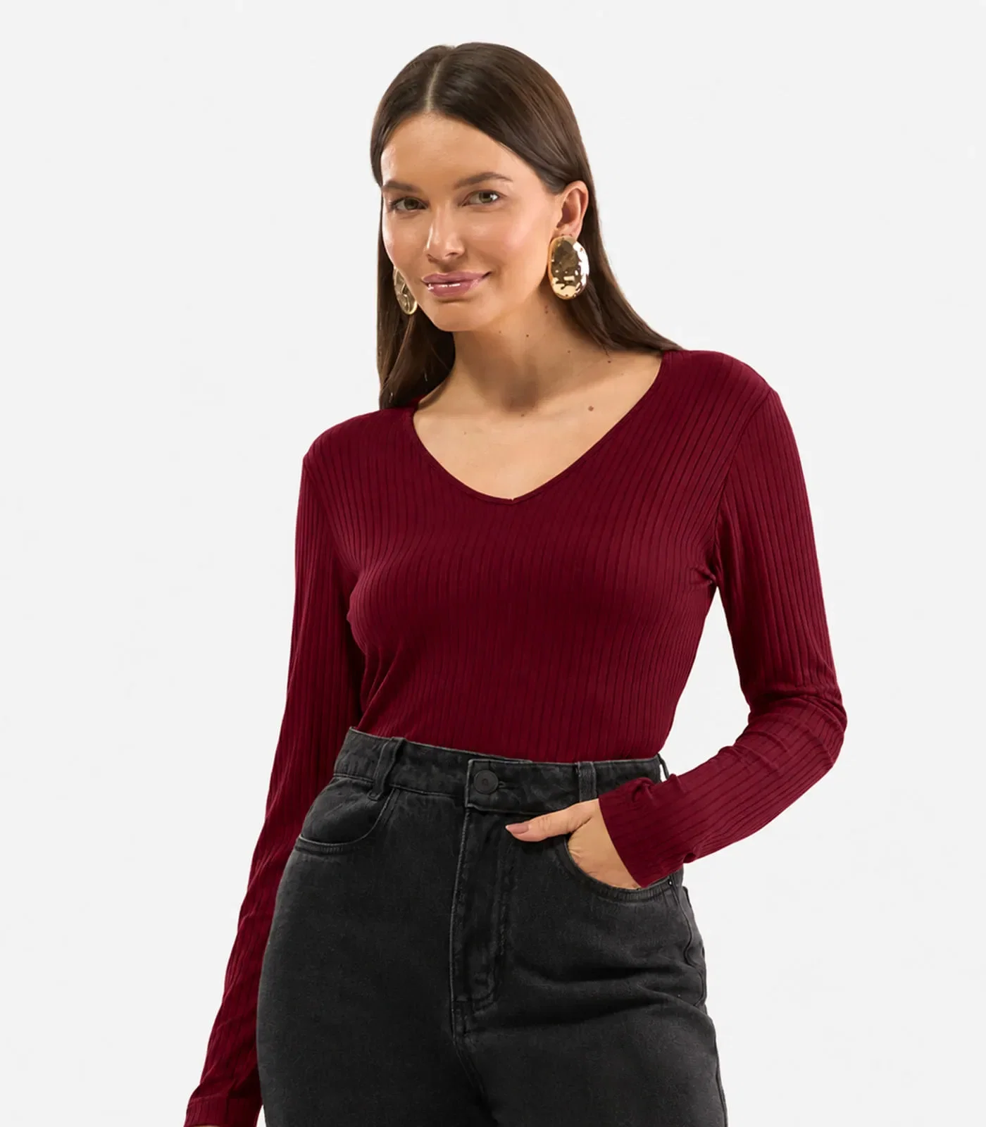Blusa Manga Longa Em Ribana Canelada Rovitex Vermelho