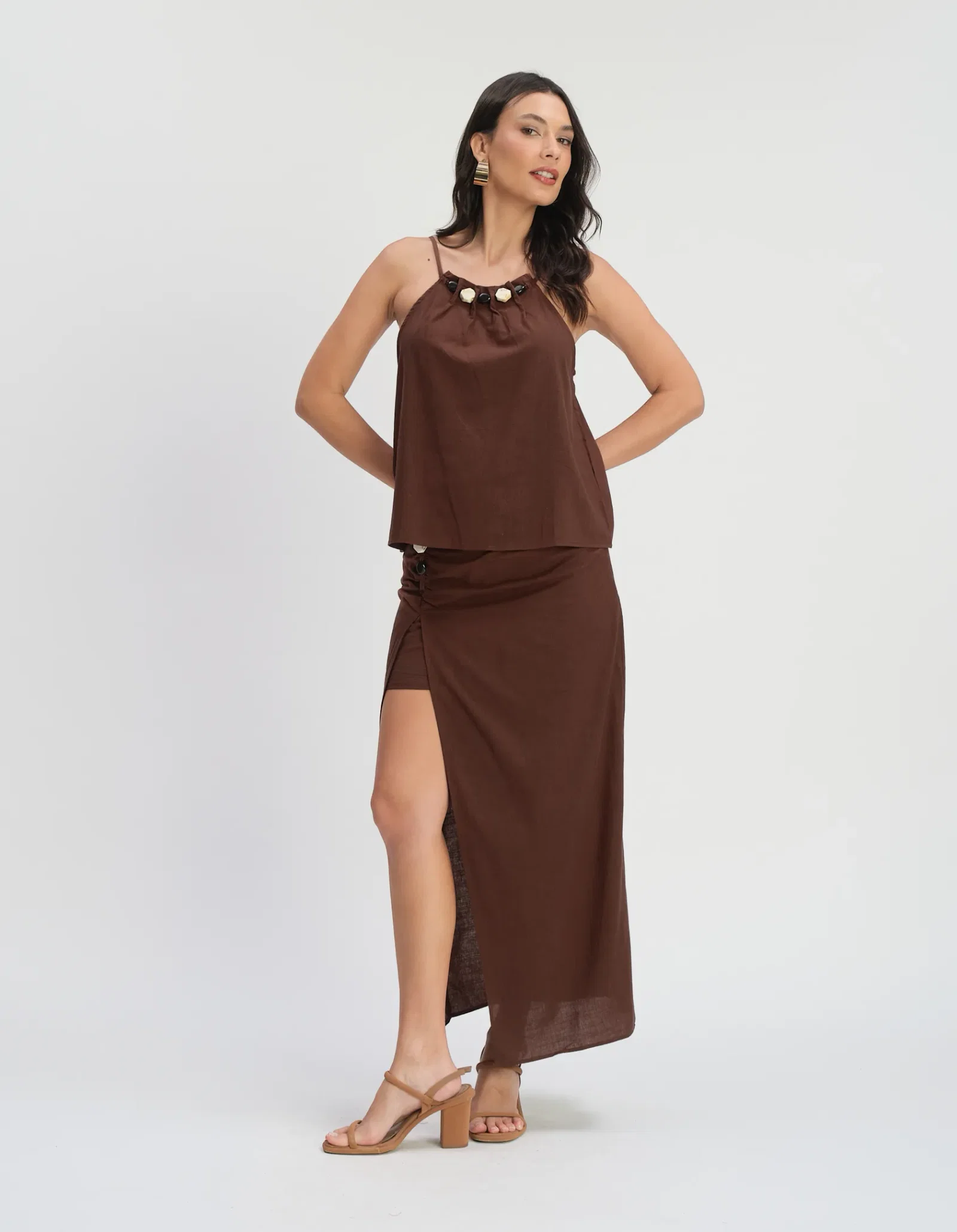 Saia Midi Com Drapeado - Cafe