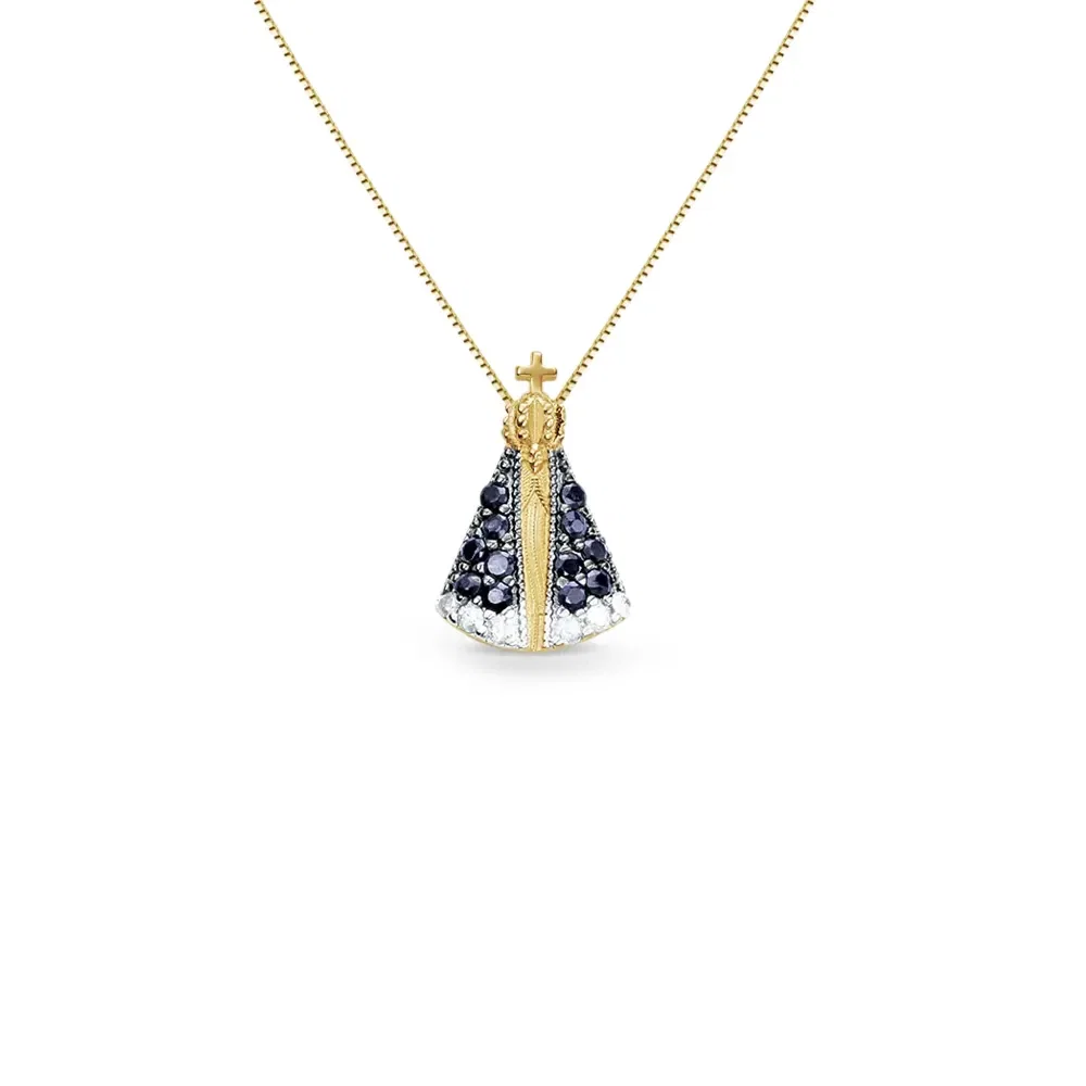 Pingente Medalhas N.Sra. Aparecida em Ouro Amarelo 18k com Safiras Azul e Diamantes, 12mm — imagem 1