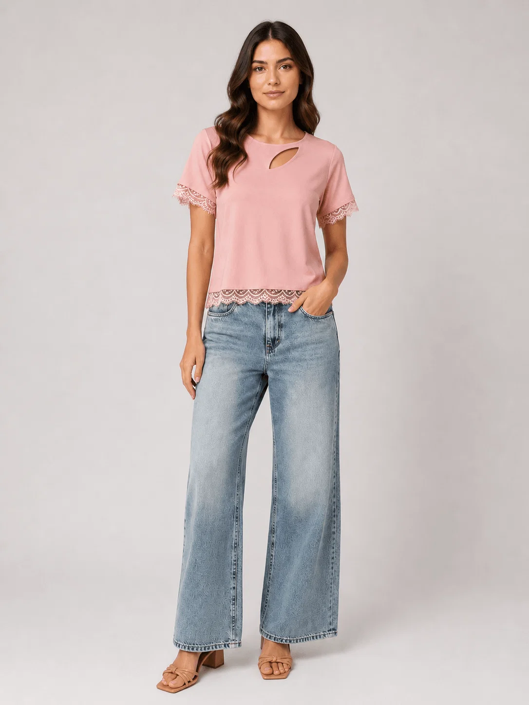 Blusa Manga Curta Detalhe Renda - Rosa — imagem 1