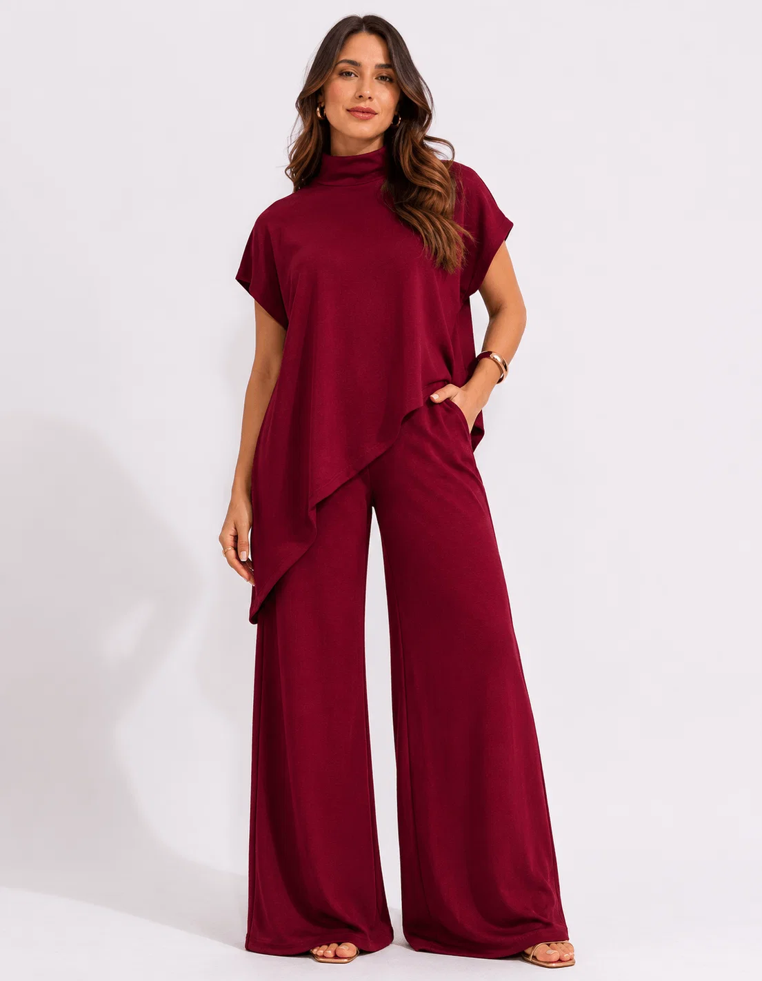 Calça Pantalona Cós Elástico Moletinho - Marsala