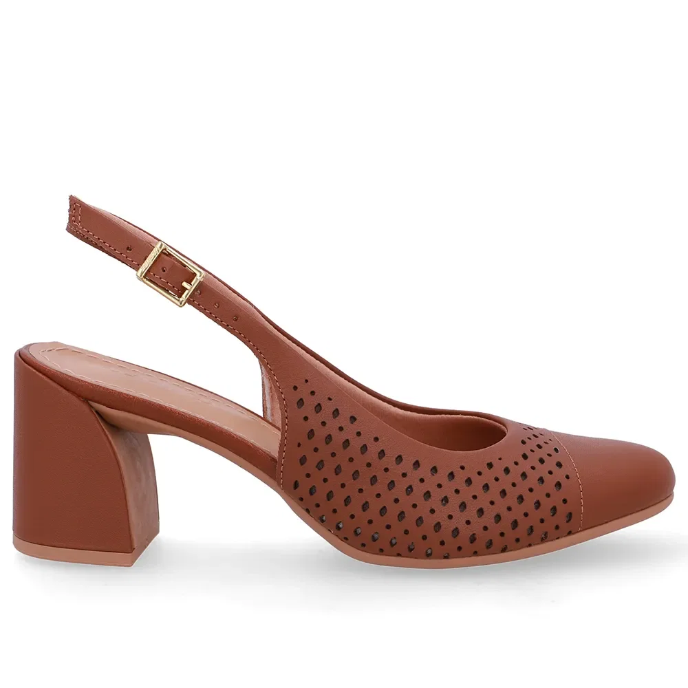 Slingback Marrom Bico Redondo Couro Laser