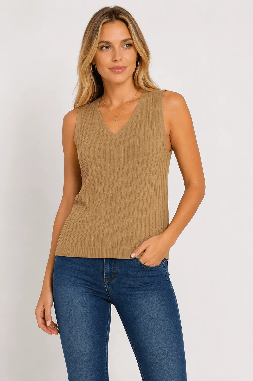 Regata Tricot Canelada Decote v - Bege
