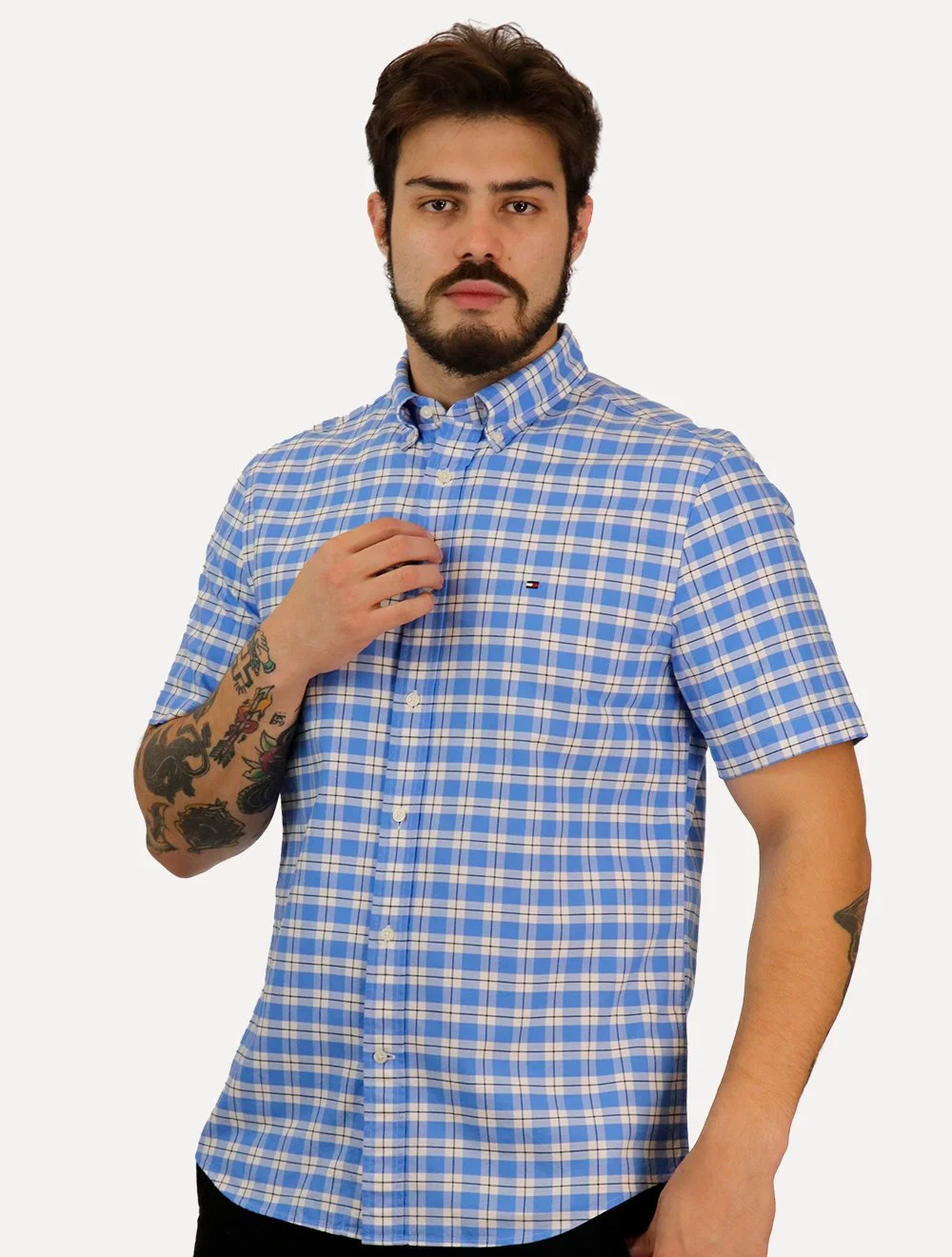 Camisa Tommy Hilfiger Masculina Manga Curta Regular Small Check Xadrez Azul