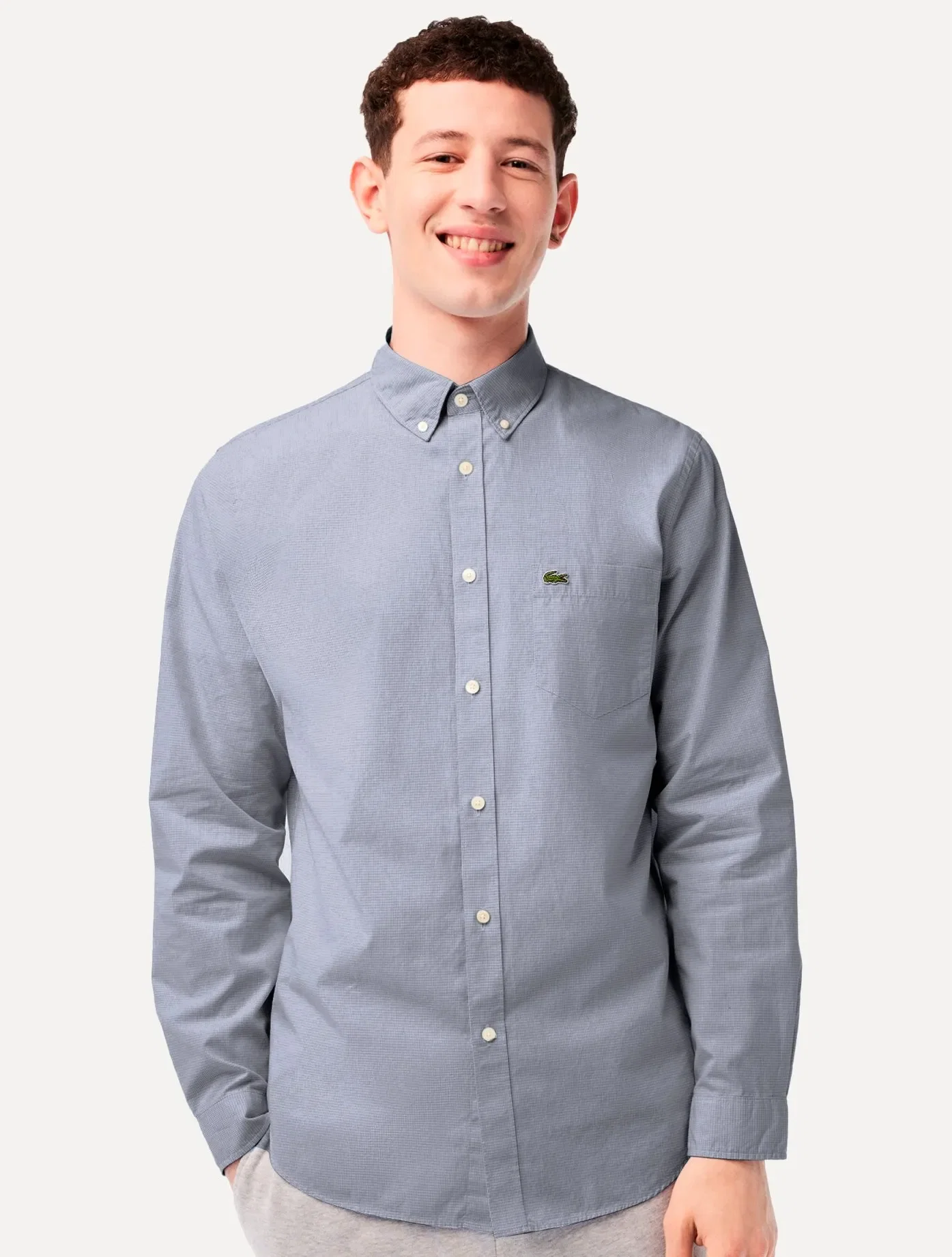 Camisa Lacoste Masculina Cotton Poplin Grid Branco / Azul