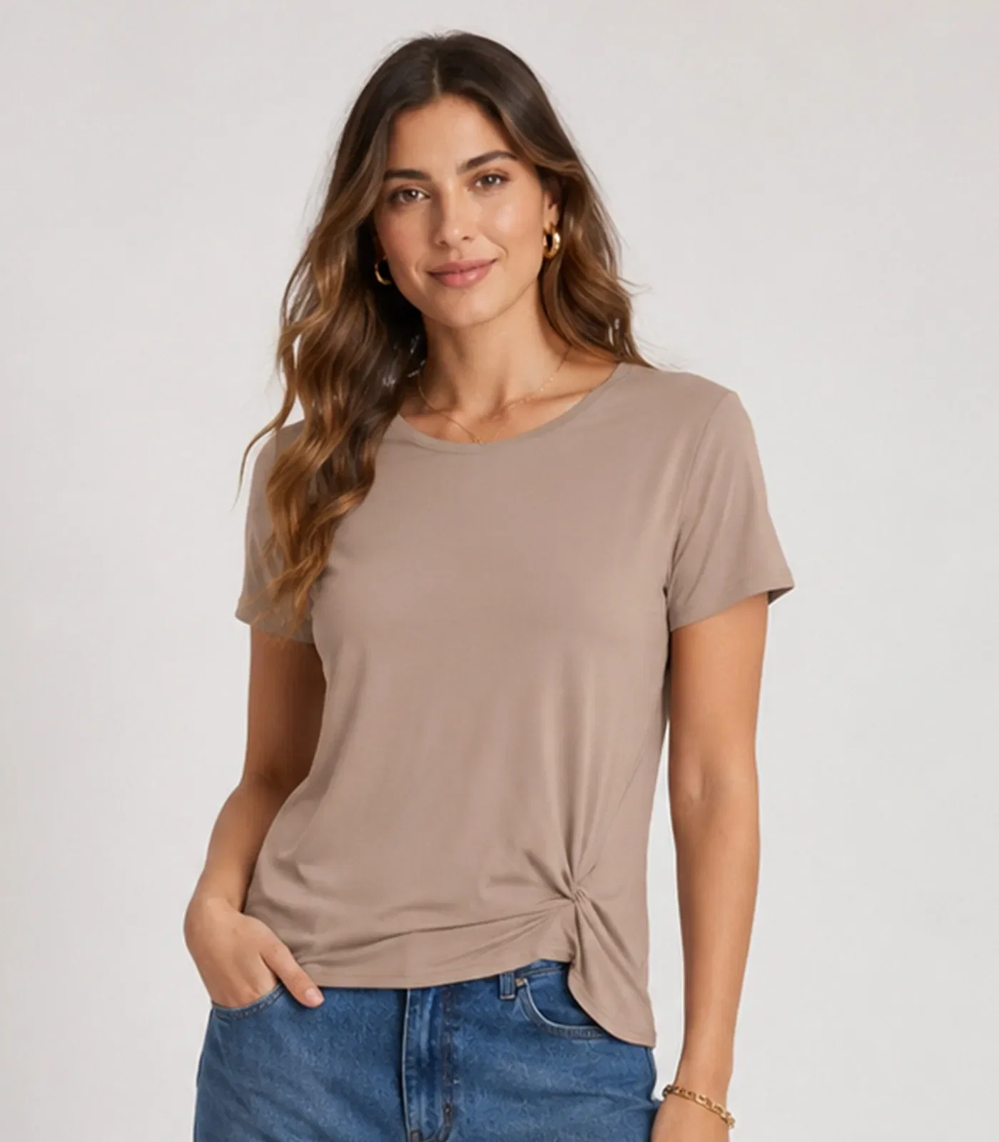 Blusa Feminina Com Nó Na Frente Infinita Cor Bege — imagem 1