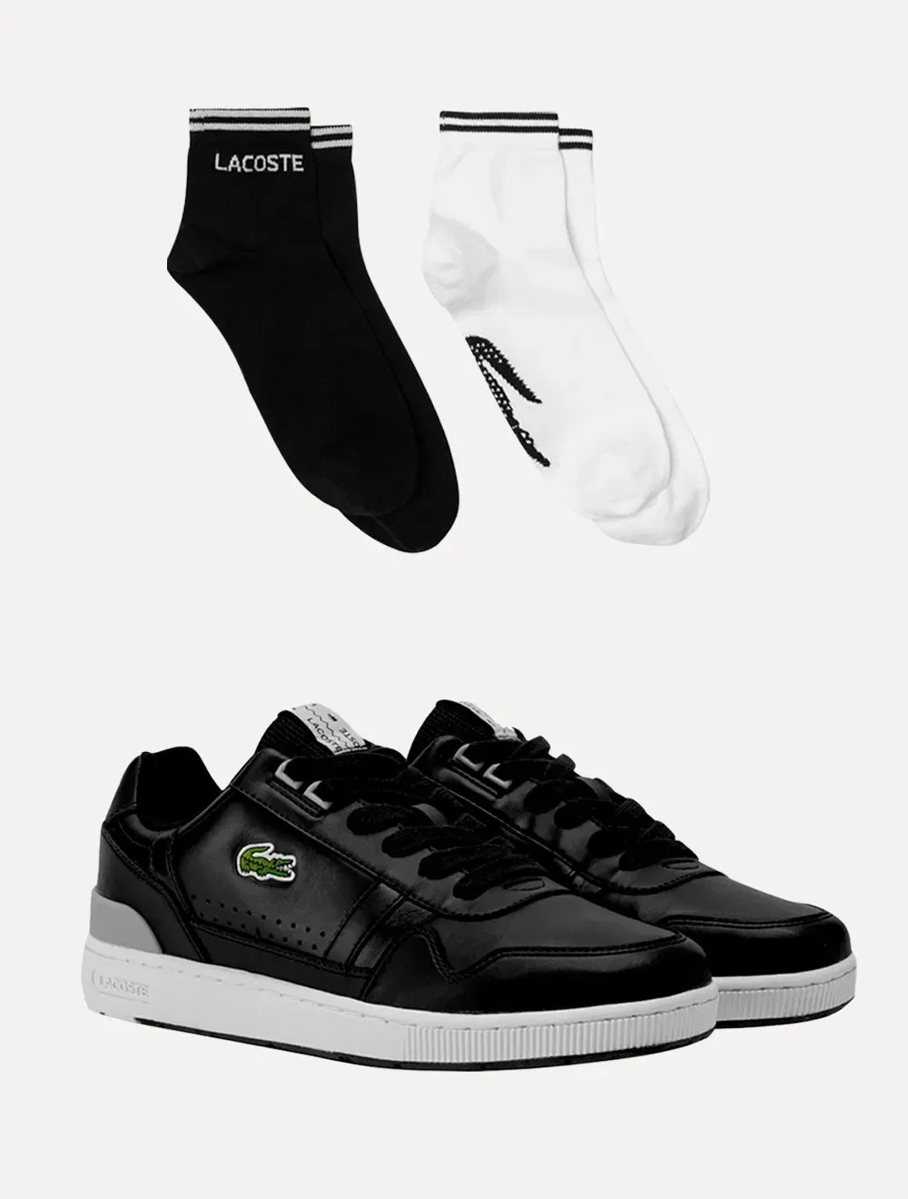 Kit Tênis Lacoste | Masculino T-Clip Blk / Gry Preto e Meias Lacoste Cano Curto Branca / Preta Pack 2UN