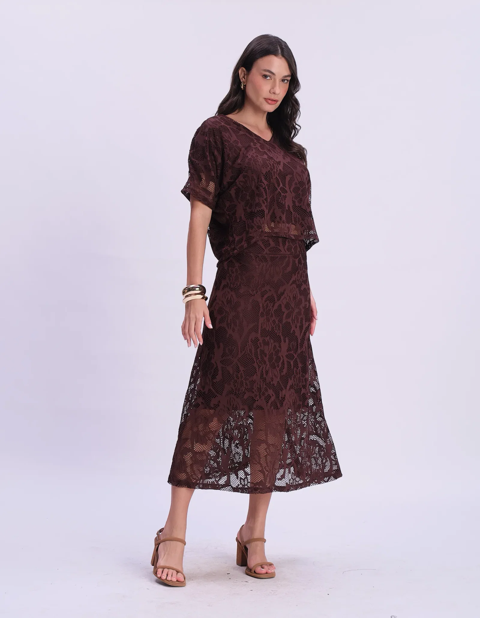 Saia Midi Renda Flores - Marrom