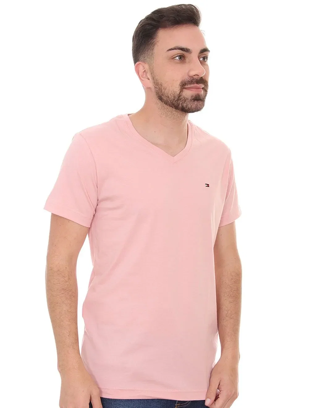 Camiseta Tommy Hilfiger Masculina Essential V-Neck Rosa Claro — imagem 1