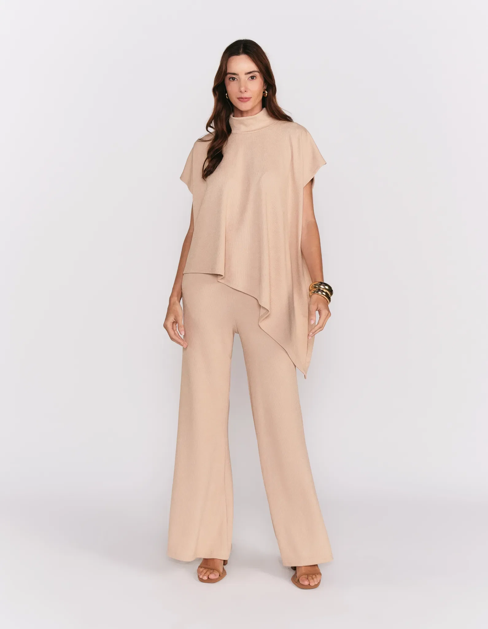 Calça Pantalona Cós Elástico Moletinho - Areia
