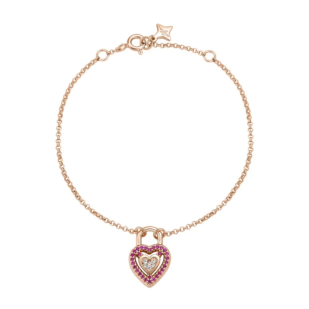 Pulseira Life Love Locker Coração em Liga Rosé com Banho de Ouro Rosé 18k, Pedras Rosas e Incolores — imagem 1