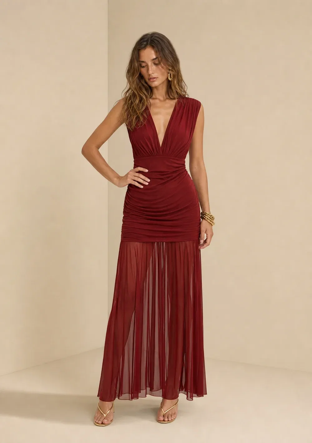 Vestido Longo Ajustado Miragem Bordo