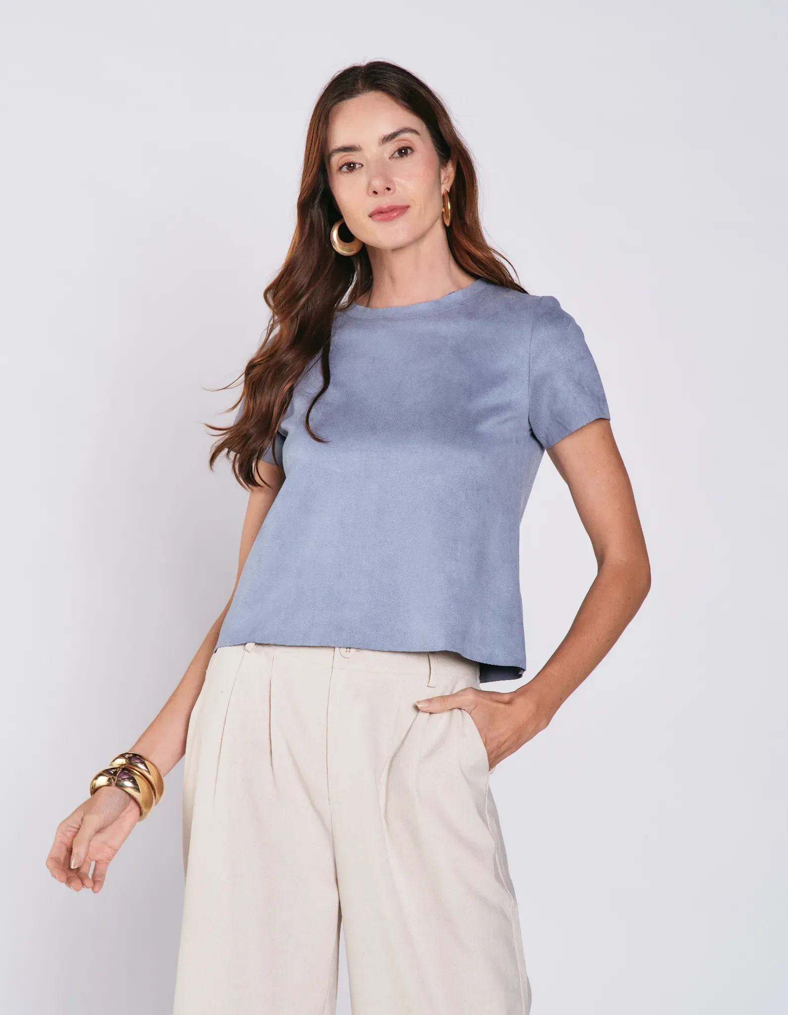 Blusa Manga Curta Suede - Azul — imagem 1