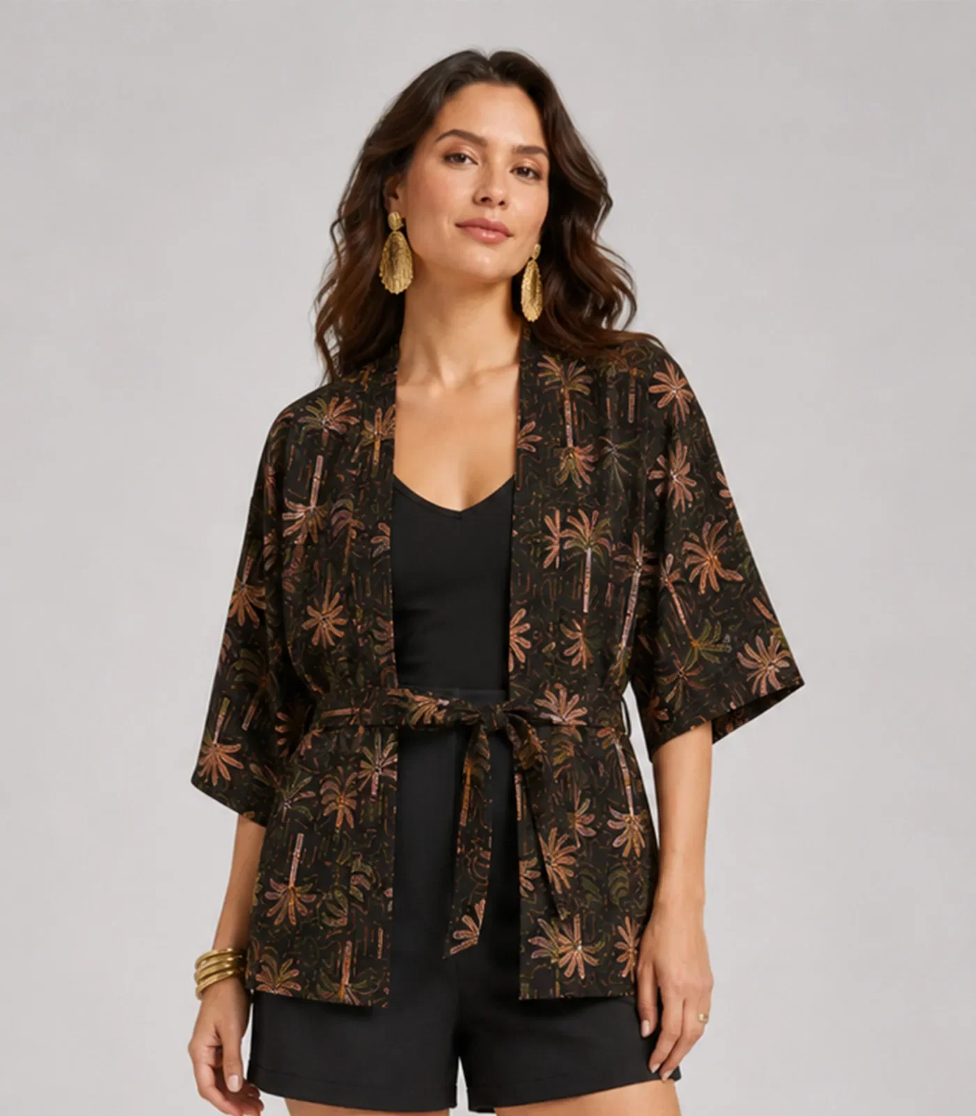 Kimono Feminino Estampado Em Viscose Aishty Marrom — imagem 1