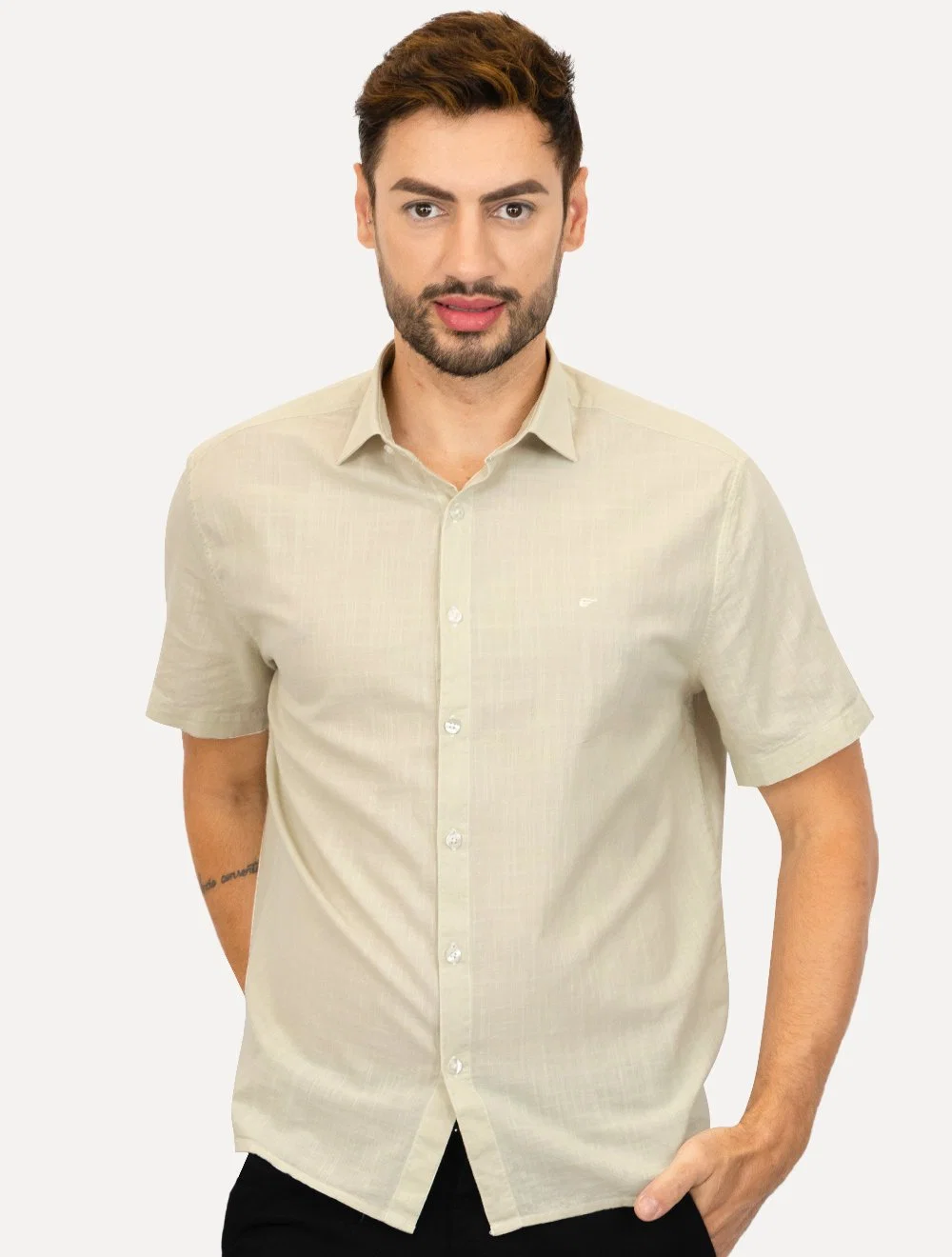 Camisa Ellus Masculina Regular Manga Curta Linen Like Surf New Italian Cáqui Claro