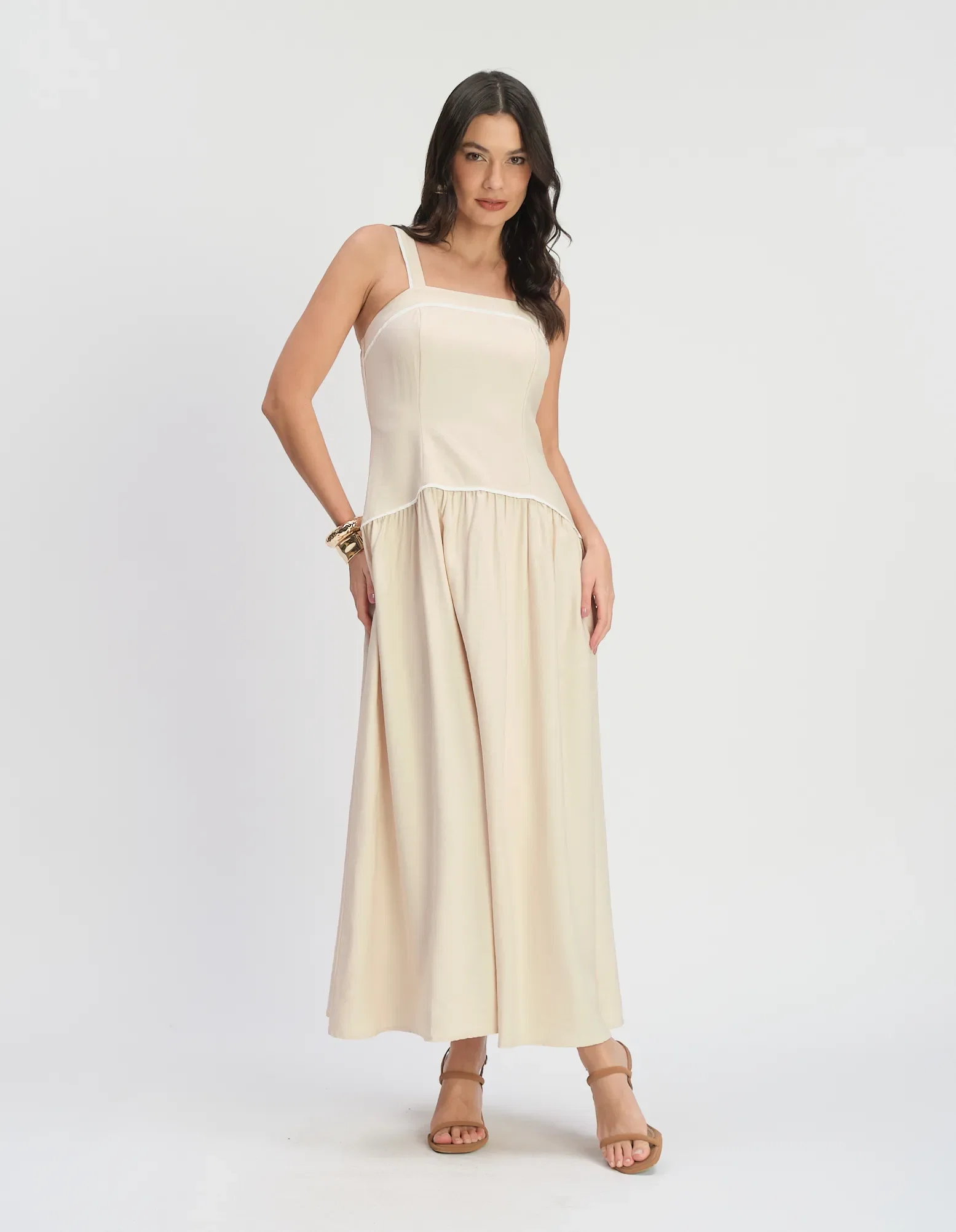 Vestido Longo Cintura Deslocada Vivos - Areia