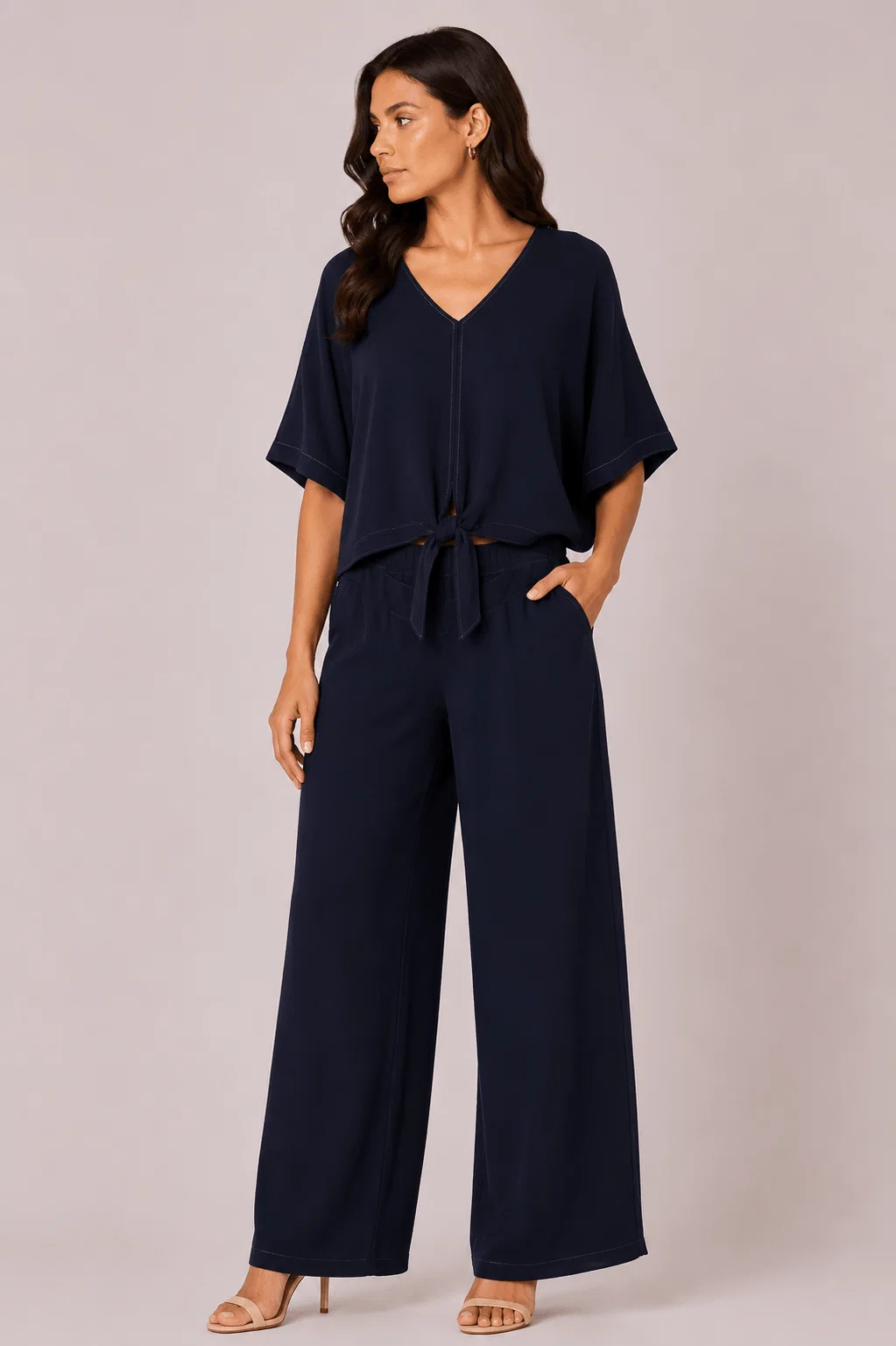 Blusa Ampla Amarração Pespontos - Azul Marinho