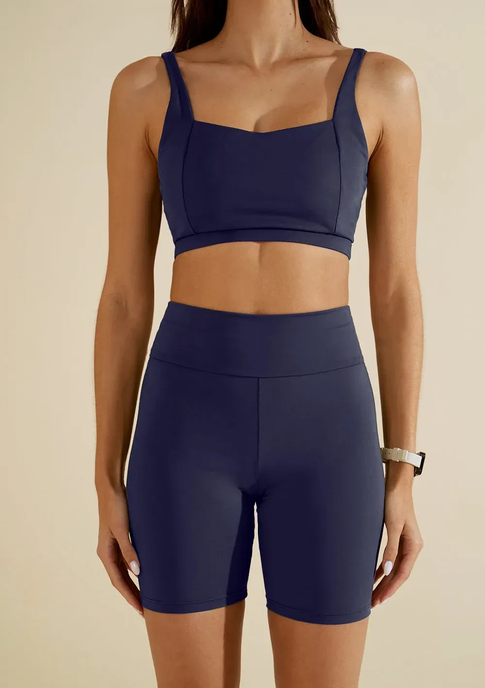 Conjunto Morena Rosa Top Com Alça Bermuda Ciclista Cintura Média Azul Escuro