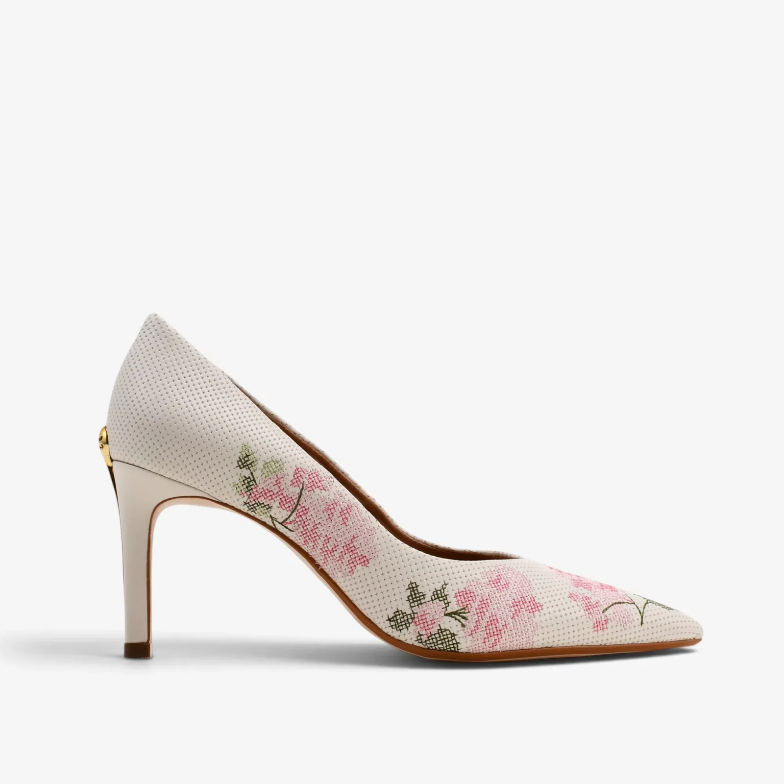 Scarpin Flor Off White Algodão Couro