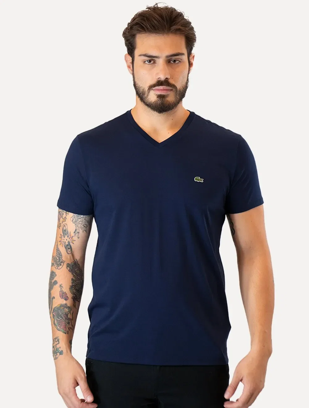 Camiseta Lacoste Masculina Jersey Pima Cotton Gola V Azul Marinho