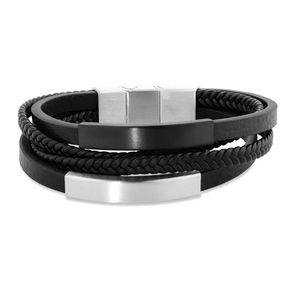 Pulseira Life Trançada VIII em Couro Preto com Aço — imagem 1