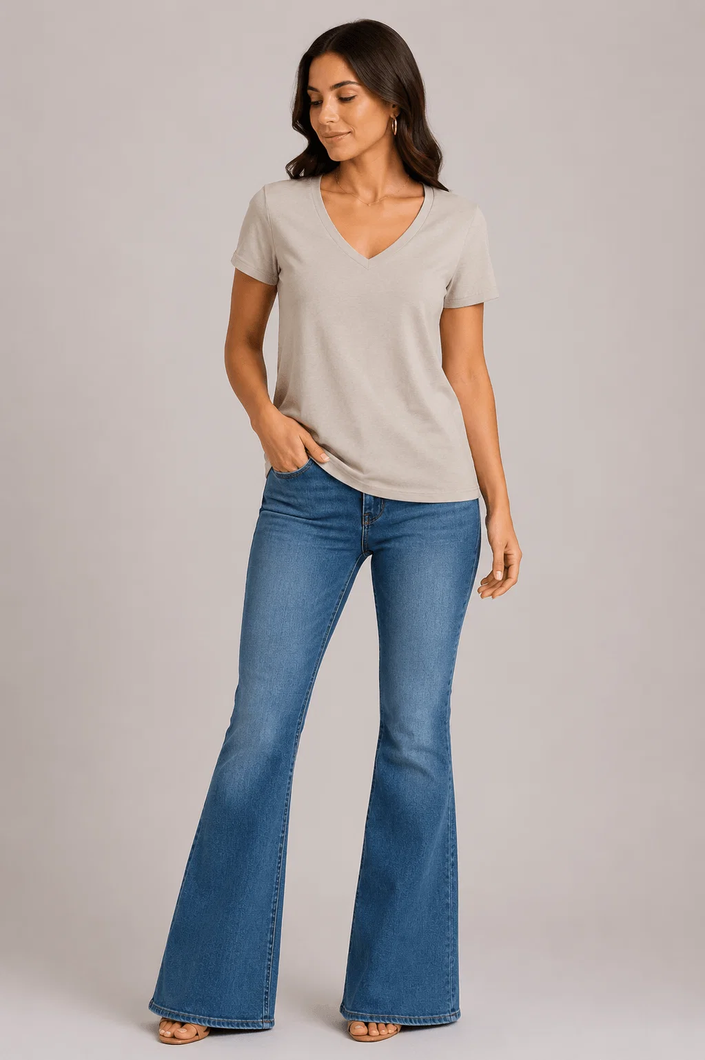 Blusa Básica Algodão Peruano Decote v - Caqui — imagem 1